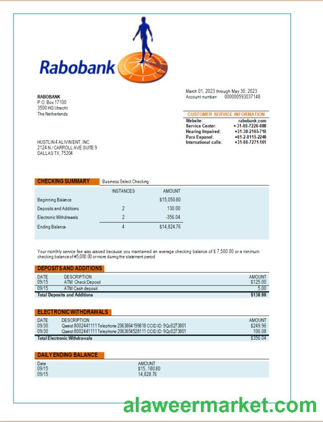 Rabobank  bank organization account statement Word and PDF template